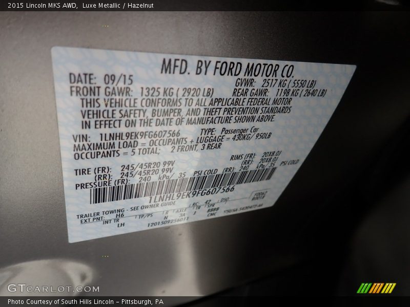 2015 MKS AWD Luxe Metallic Color Code H6