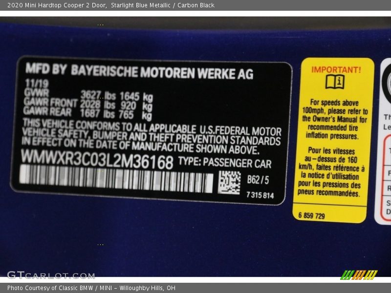 2020 Hardtop Cooper 2 Door Starlight Blue Metallic Color Code B62
