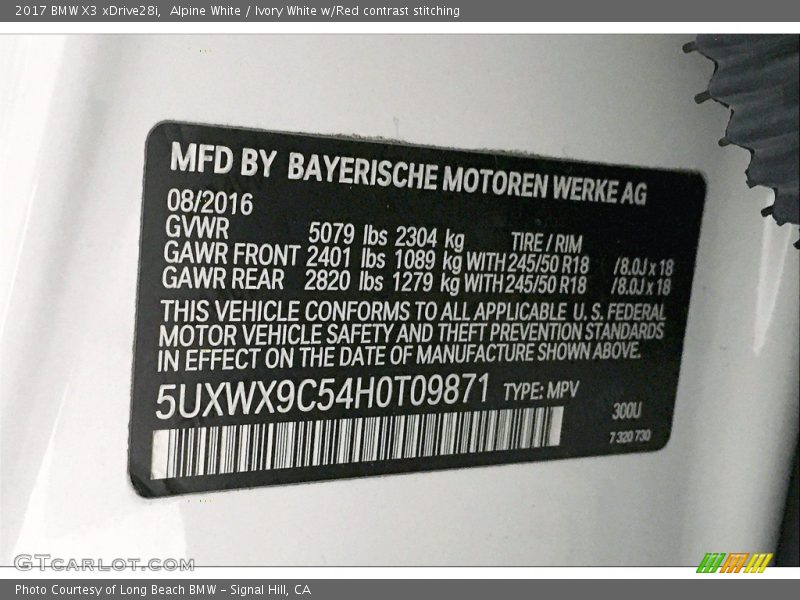 Alpine White / Ivory White w/Red contrast stitching 2017 BMW X3 xDrive28i