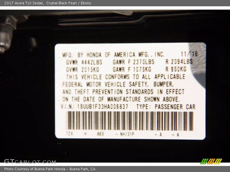 Crystal Black Pearl / Ebony 2017 Acura TLX Sedan