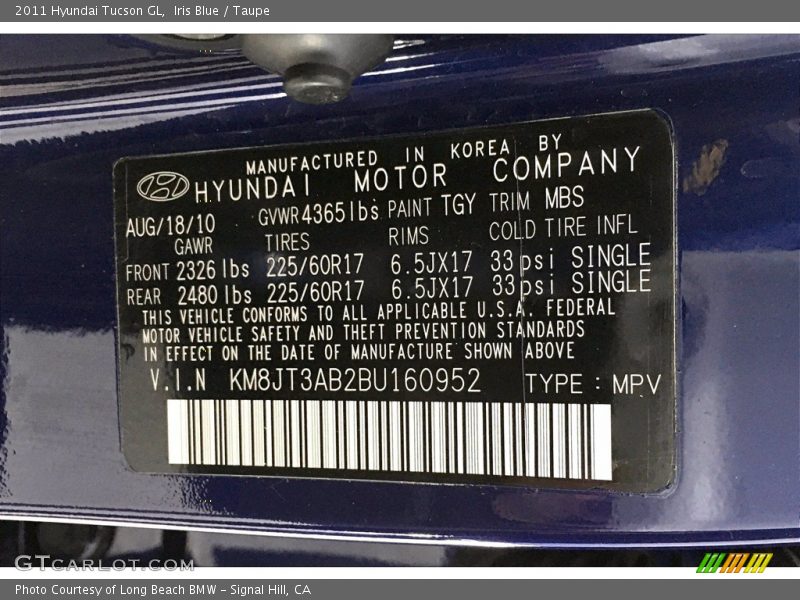 Iris Blue / Taupe 2011 Hyundai Tucson GL