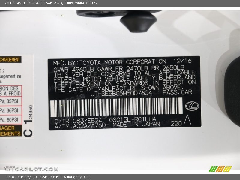 2017 RC 350 F Sport AWD Ultra White Color Code 083