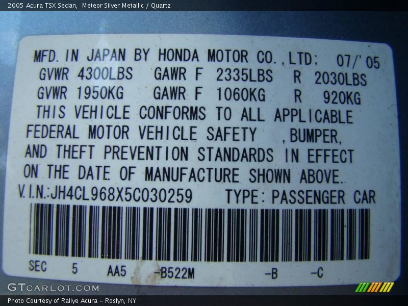 2005 TSX Sedan Meteor Silver Metallic Color Code B522M