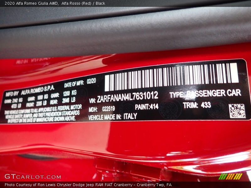 2020 Giulia AWD Alfa Rosso (Red) Color Code 414