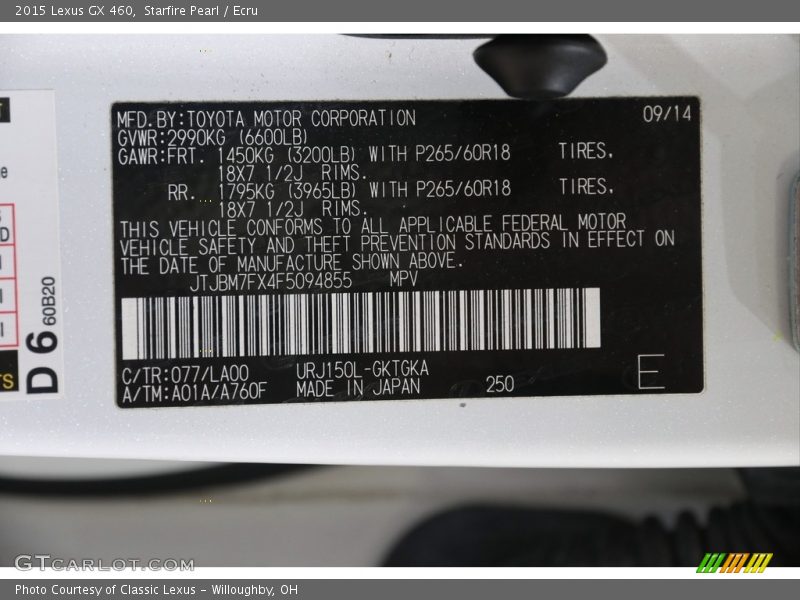 2015 GX 460 Starfire Pearl Color Code 077