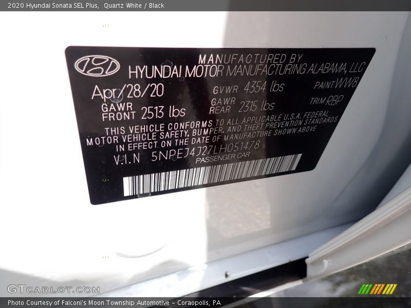 Quartz White / Black 2020 Hyundai Sonata SEL Plus