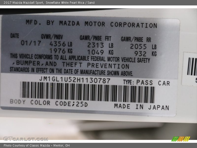 Snowflake White Pearl Mica / Sand 2017 Mazda Mazda6 Sport