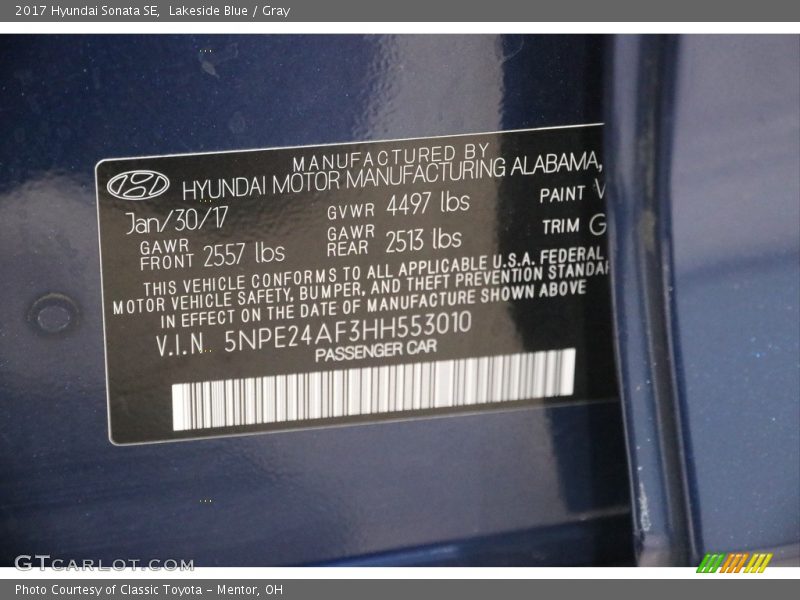 Lakeside Blue / Gray 2017 Hyundai Sonata SE