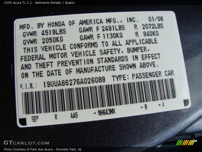 Anthracite Metallic / Quartz 2006 Acura TL 3.2