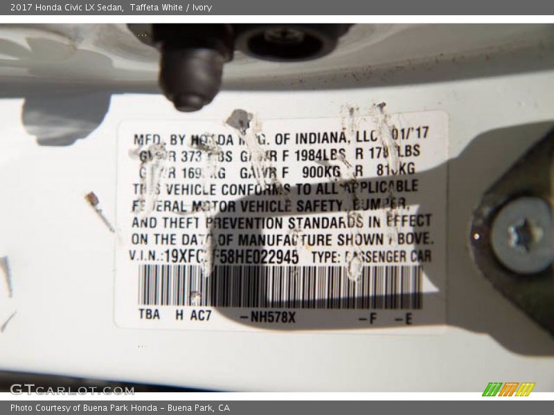 Taffeta White / Ivory 2017 Honda Civic LX Sedan