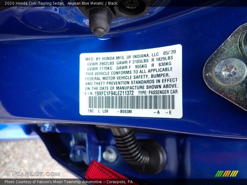 Aegean Blue Metallic / Black 2020 Honda Civic Touring Sedan