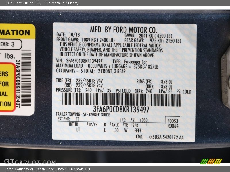 Blue Metallic / Ebony 2019 Ford Fusion SEL