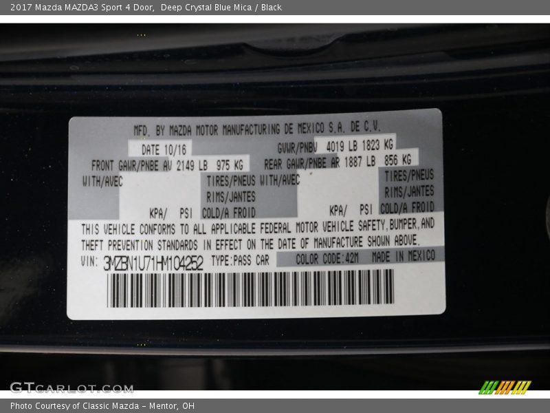 Deep Crystal Blue Mica / Black 2017 Mazda MAZDA3 Sport 4 Door