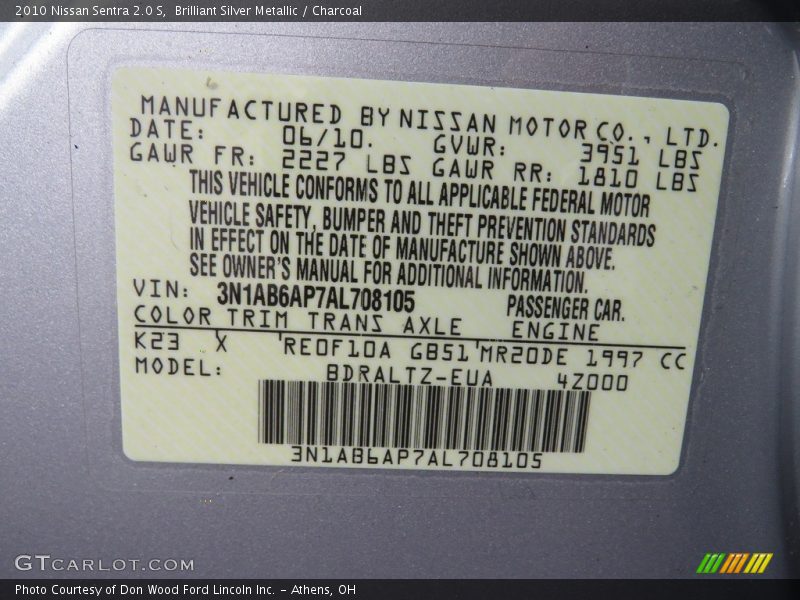Brilliant Silver Metallic / Charcoal 2010 Nissan Sentra 2.0 S