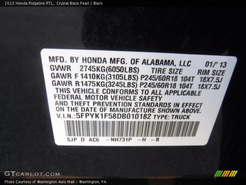 Crystal Black Pearl / Black 2013 Honda Ridgeline RTL