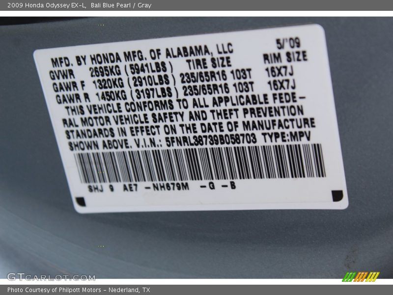 Bali Blue Pearl / Gray 2009 Honda Odyssey EX-L