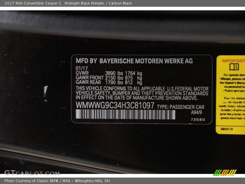 Midnight Black Metallic / Carbon Black 2017 Mini Convertible Cooper S