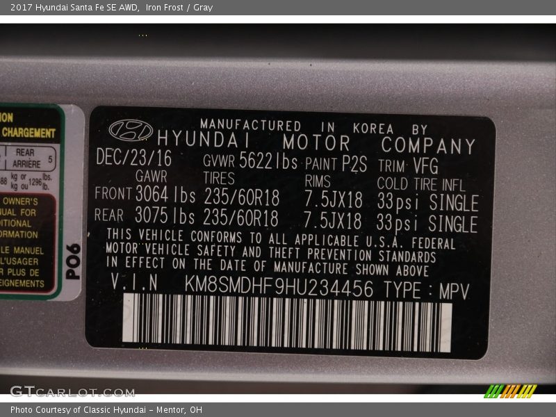Iron Frost / Gray 2017 Hyundai Santa Fe SE AWD