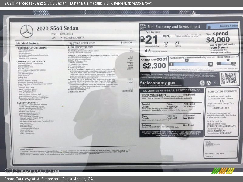 Lunar Blue Metallic / Silk Beige/Espresso Brown 2020 Mercedes-Benz S 560 Sedan