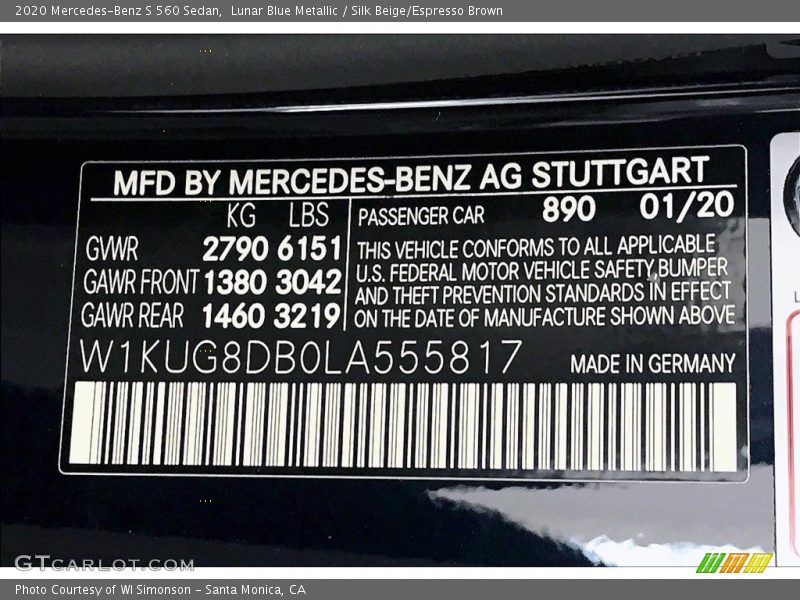 Lunar Blue Metallic / Silk Beige/Espresso Brown 2020 Mercedes-Benz S 560 Sedan