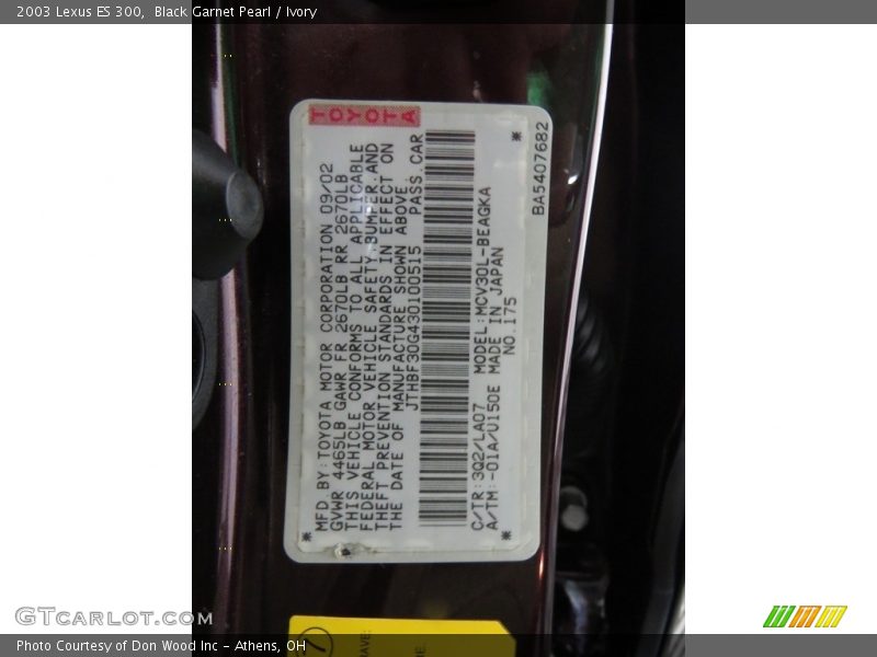 2003 ES 300 Black Garnet Pearl Color Code 3Q2