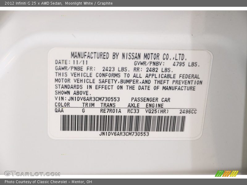 2012 G 25 x AWD Sedan Moonlight White Color Code QAA