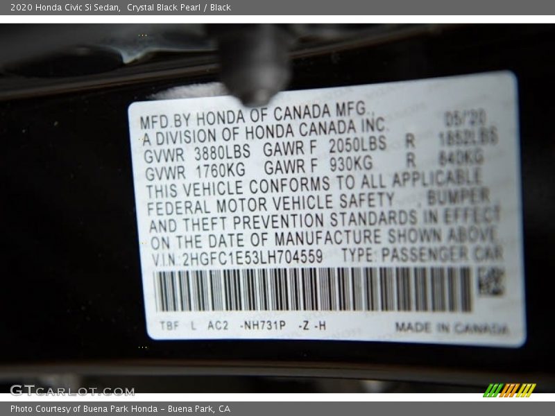 Crystal Black Pearl / Black 2020 Honda Civic Si Sedan