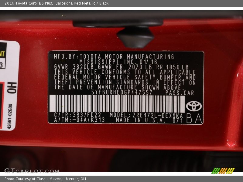 Barcelona Red Metallic / Black 2016 Toyota Corolla S Plus