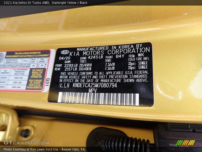 2021 Seltos SX Turbo AWD Starbright Yellow Color Code B4Y