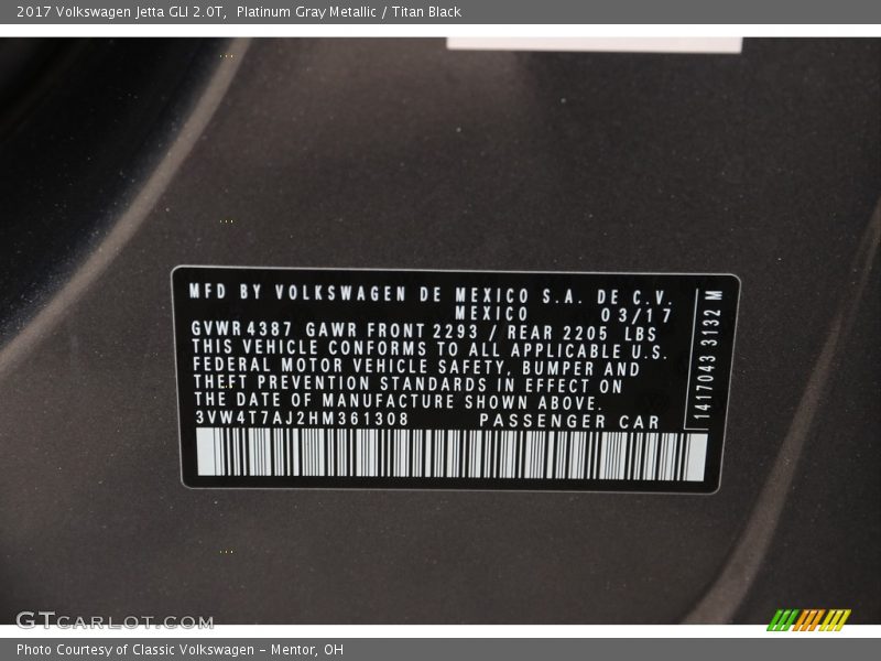 Platinum Gray Metallic / Titan Black 2017 Volkswagen Jetta GLI 2.0T