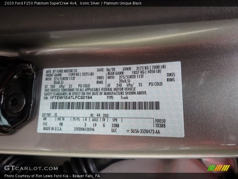 Iconic Silver / Platinum Unique Black 2020 Ford F150 Platinum SuperCrew 4x4