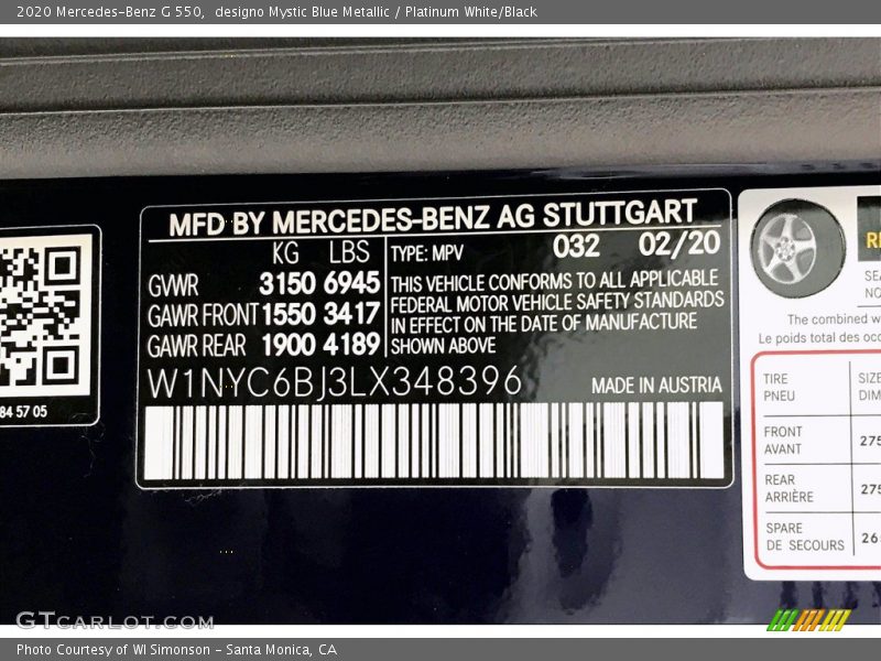 2020 G 550 designo Mystic Blue Metallic Color Code 032