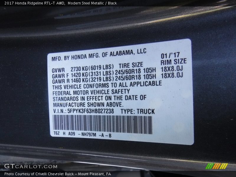 Modern Steel Metallic / Black 2017 Honda Ridgeline RTL-T AWD
