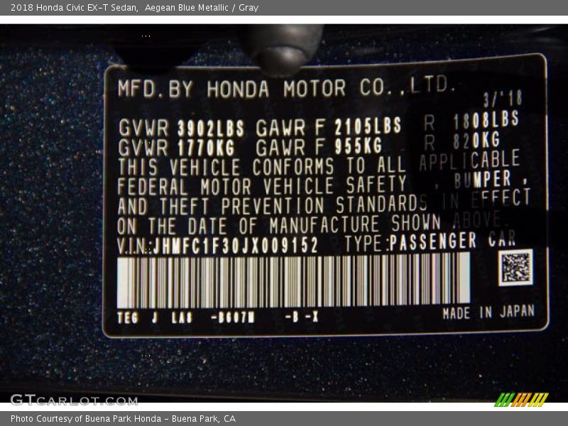 Aegean Blue Metallic / Gray 2018 Honda Civic EX-T Sedan