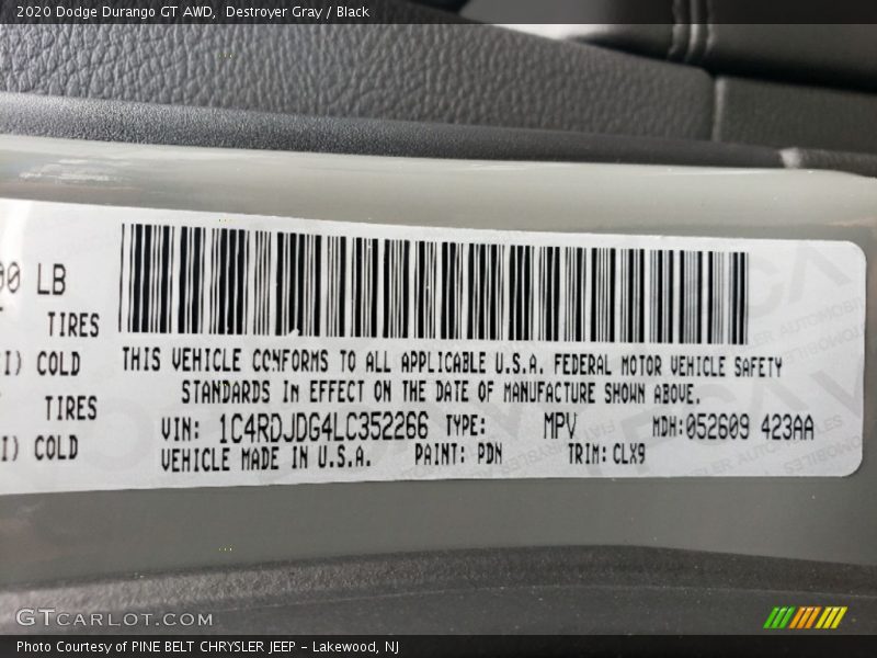 Destroyer Gray / Black 2020 Dodge Durango GT AWD