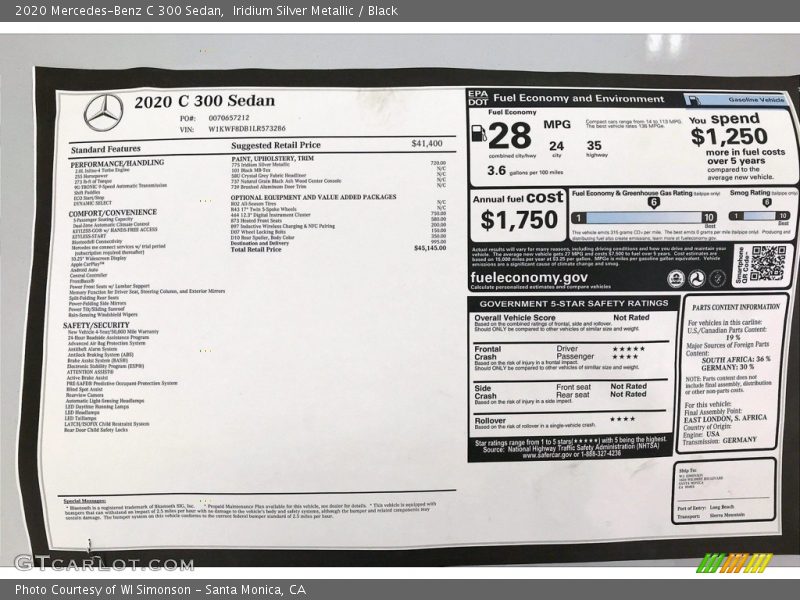  2020 C 300 Sedan Window Sticker
