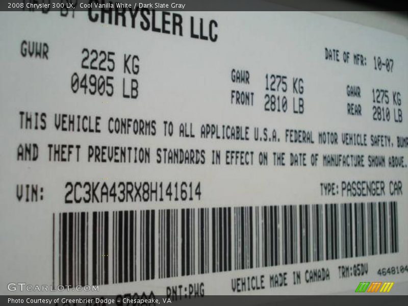 Cool Vanilla White / Dark Slate Gray 2008 Chrysler 300 LX