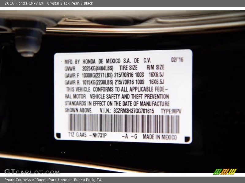 Crystal Black Pearl / Black 2016 Honda CR-V LX