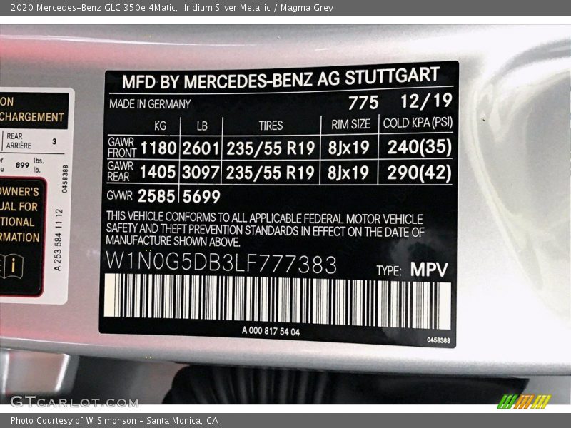 2020 GLC 350e 4Matic Iridium Silver Metallic Color Code 775