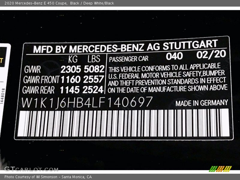 2020 E 450 Coupe Black Color Code 040