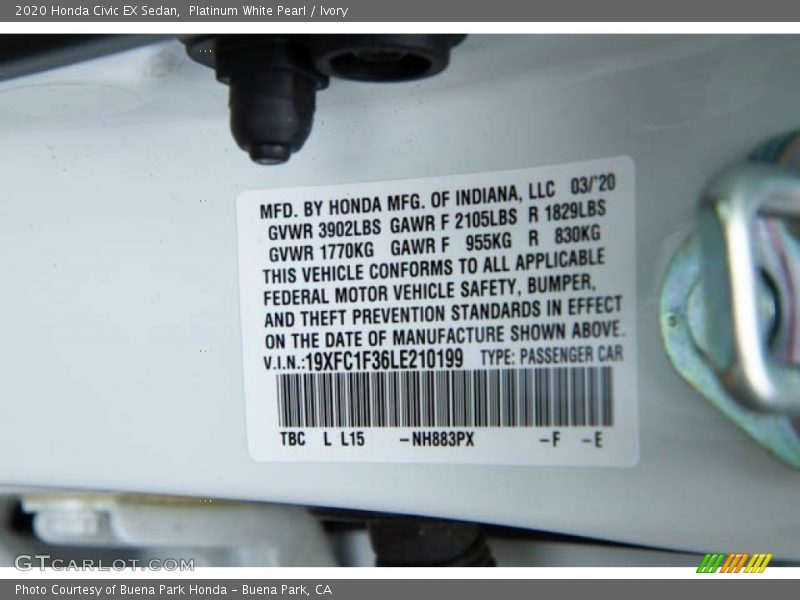 Platinum White Pearl / Ivory 2020 Honda Civic EX Sedan