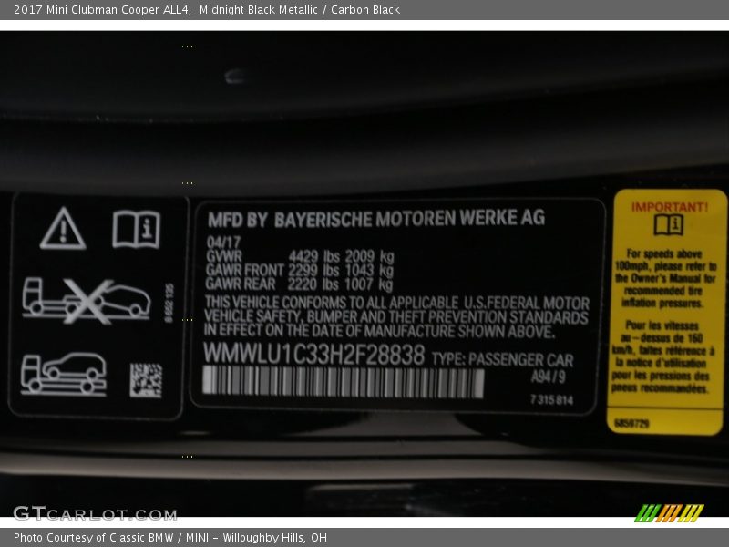Midnight Black Metallic / Carbon Black 2017 Mini Clubman Cooper ALL4