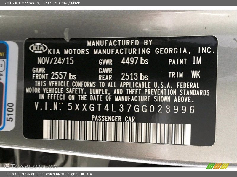 2016 Optima LX Titanium Gray Color Code IM