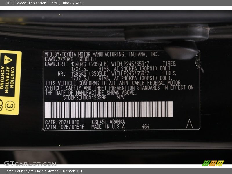 Black / Ash 2012 Toyota Highlander SE 4WD