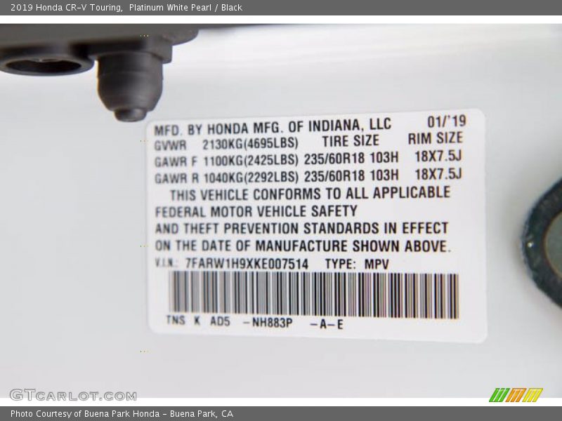 Platinum White Pearl / Black 2019 Honda CR-V Touring