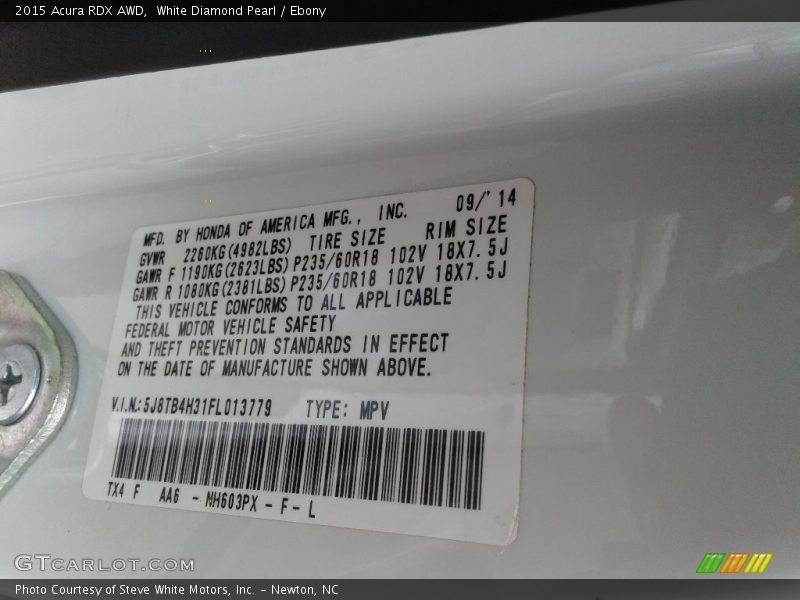 2015 RDX AWD White Diamond Pearl Color Code NH603PX