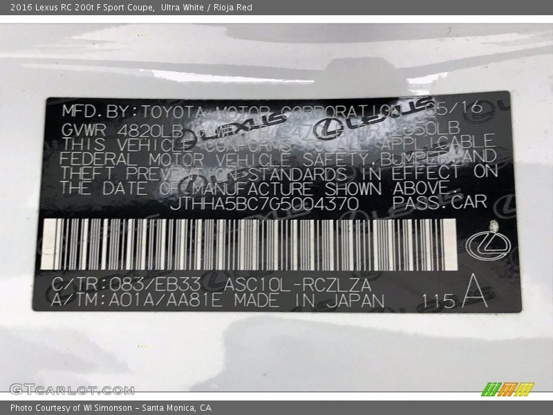 2016 RC 200t F Sport Coupe Ultra White Color Code 083