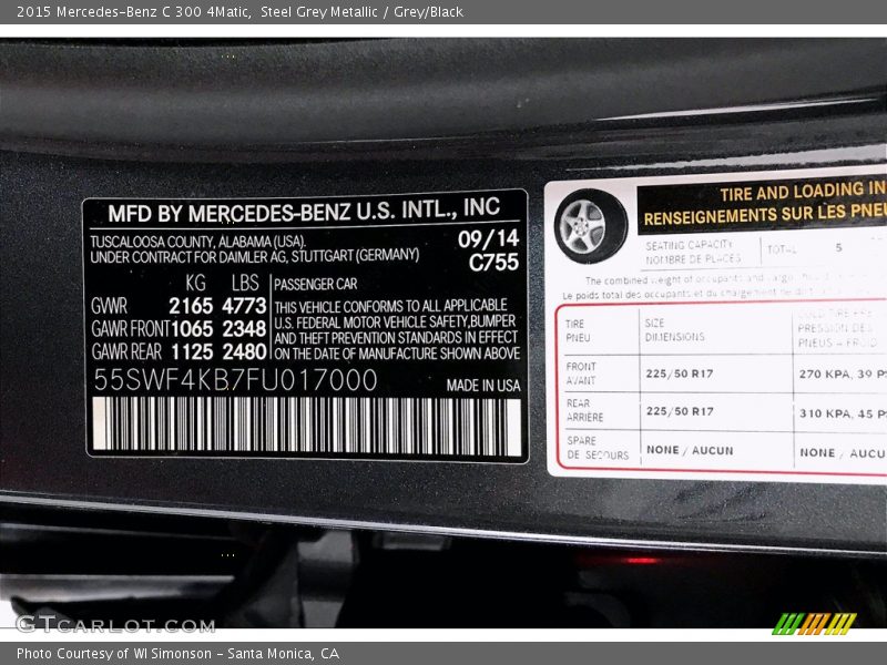 Steel Grey Metallic / Grey/Black 2015 Mercedes-Benz C 300 4Matic