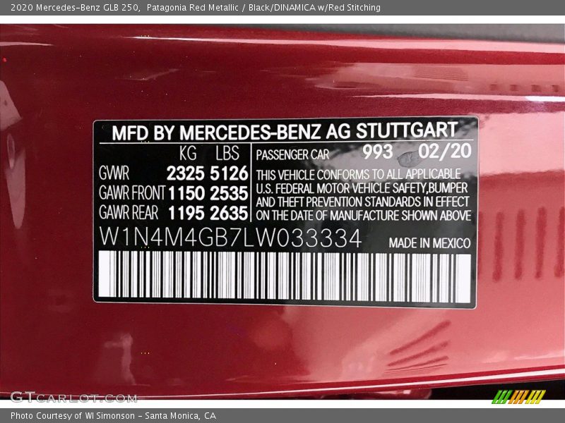 Patagonia Red Metallic / Black/DINAMICA w/Red Stitching 2020 Mercedes-Benz GLB 250
