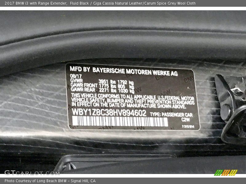Fluid Black / Giga Cassia Natural Leather/Carum Spice Grey Wool Cloth 2017 BMW i3 with Range Extender